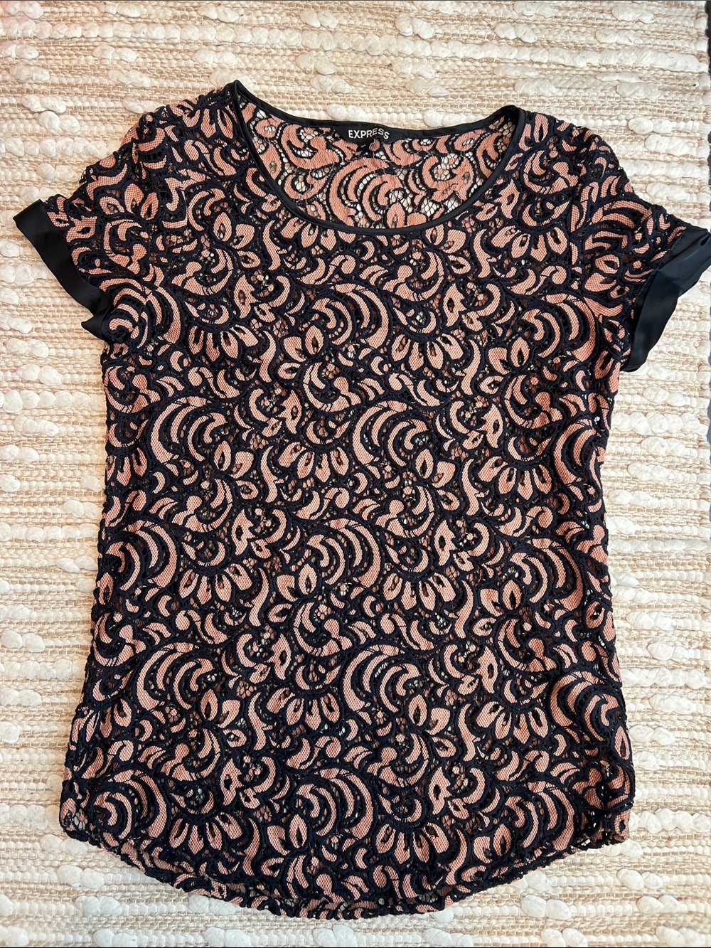 Express Black Lace Overlay on Tan Short Sleeve Dressy Top